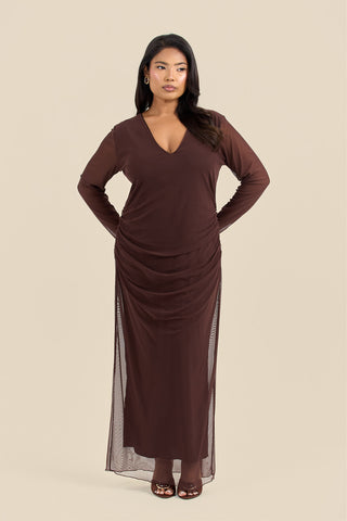Plus Size Plunge Ruched Mesh Chocolate Midaxi Dress