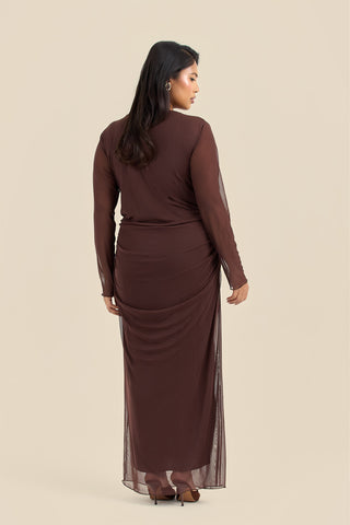 Plus Size Plunge Ruched Mesh Chocolate Midaxi Dress