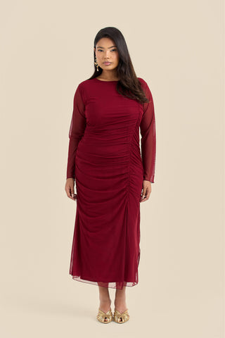 Plus Size Ruched Side Mesh Burgundy Midi Dress