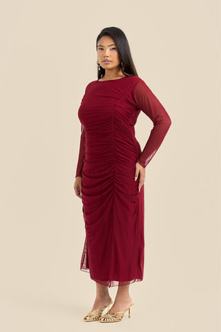 Plus Size Ruched Side Mesh Burgundy Midi Dress