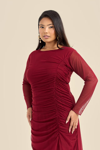 Plus Size Ruched Side Mesh Burgundy Midi Dress