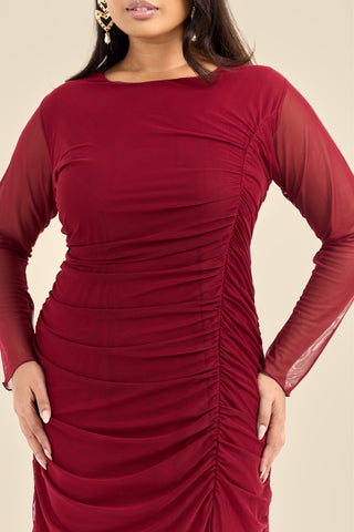 Plus Size Ruched Side Mesh Burgundy Midi Dress