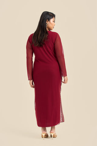 Plus Size Ruched Side Mesh Burgundy Midi Dress