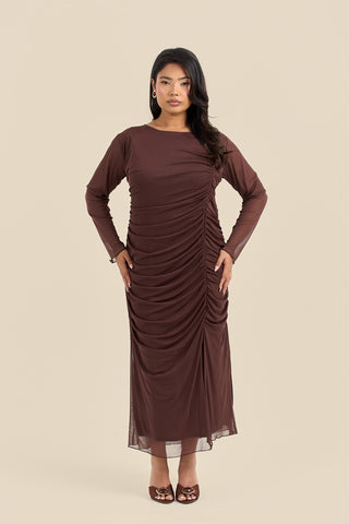 Plus Size Ruched Side Mesh Chocolate Midi Dress