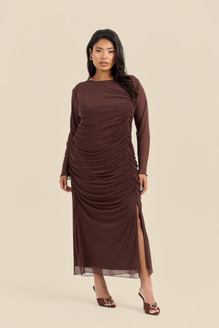 Plus Size Ruched Side Mesh Chocolate Midi Dress