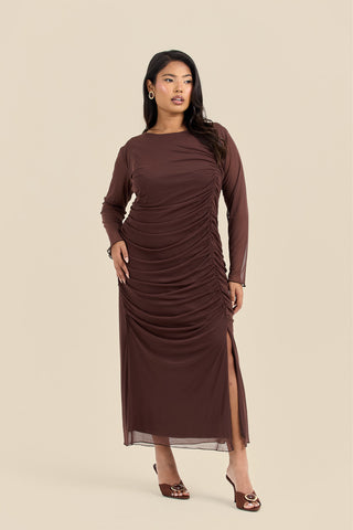 Plus Size Ruched Side Mesh Chocolate Midi Dress