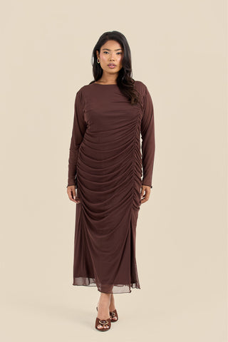 Plus Size Ruched Side Mesh Chocolate Midi Dress