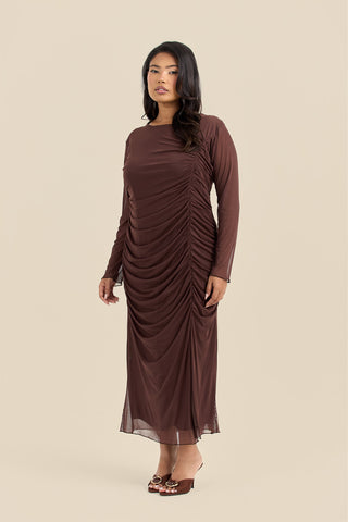 Plus Size Ruched Side Mesh Chocolate Midi Dress