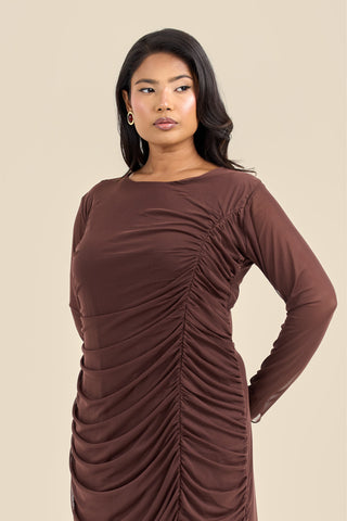 Plus Size Ruched Side Mesh Chocolate Midi Dress