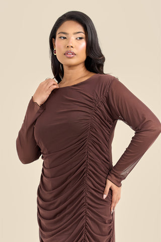 Plus Size Ruched Side Mesh Chocolate Midi Dress