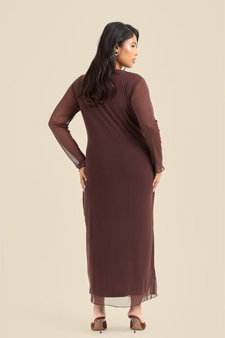Plus Size Ruched Side Mesh Chocolate Midi Dress