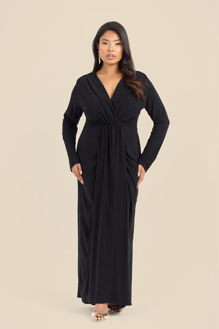 Curve Noelle Draped Front Black Double Layer Maxi Dress