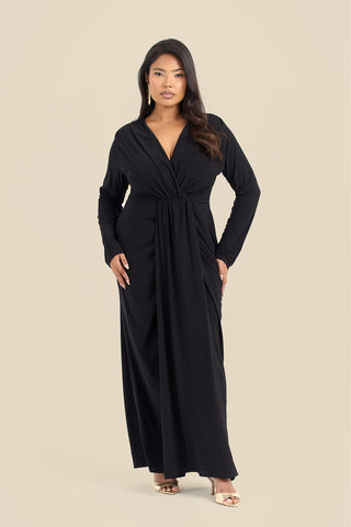 Curve Noelle Draped Front Black Double Layer Maxi Dress