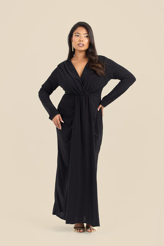 Curve Noelle Draped Front Black Double Layer Maxi Dress