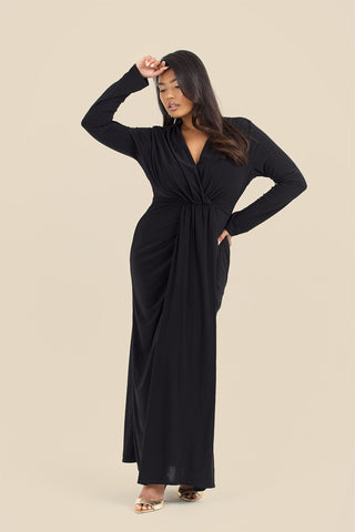 Curve Noelle Draped Front Black Double Layer Maxi Dress