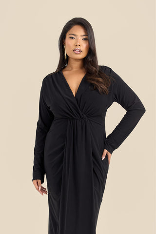 Curve Noelle Draped Front Black Double Layer Maxi Dress