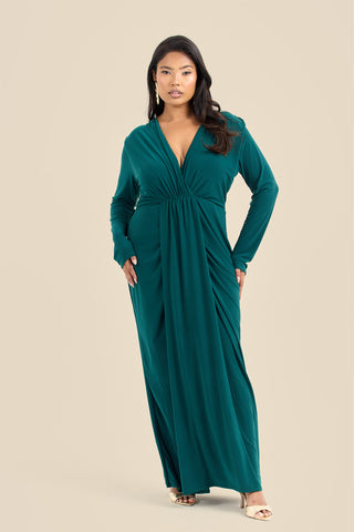 Curve Noelle Draped Front Emerald Double Layer Maxi Dress