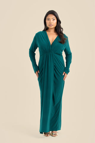 Curve Noelle Draped Front Emerald Double Layer Maxi Dress