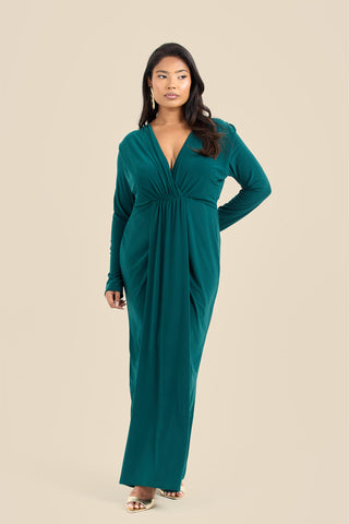 Curve Noelle Draped Front Emerald Double Layer Maxi Dress