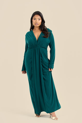 Curve Noelle Draped Front Emerald Double Layer Maxi Dress