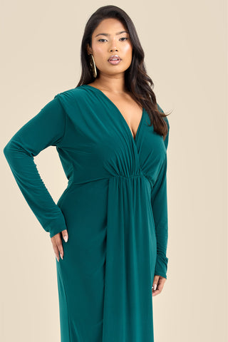 Curve Noelle Draped Front Emerald Double Layer Maxi Dress