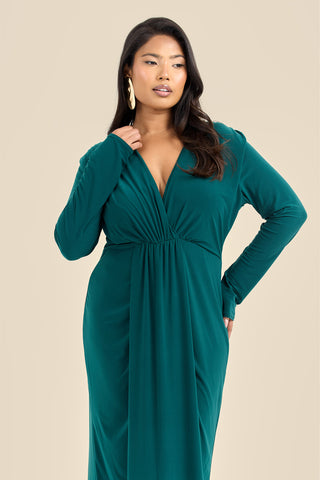 Curve Noelle Draped Front Emerald Double Layer Maxi Dress