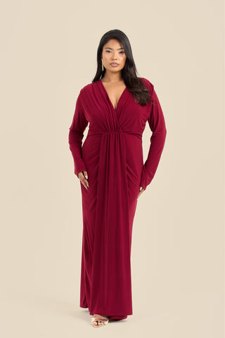 Curve Noelle Draped Front Burgundy Double Layer Maxi Dress