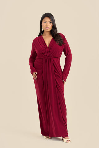 Curve Noelle Draped Front Burgundy Double Layer Maxi Dress
