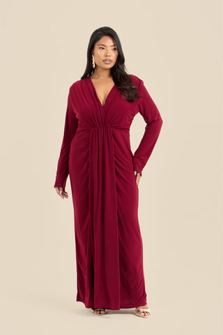 Curve Noelle Draped Front Burgundy Double Layer Maxi Dress