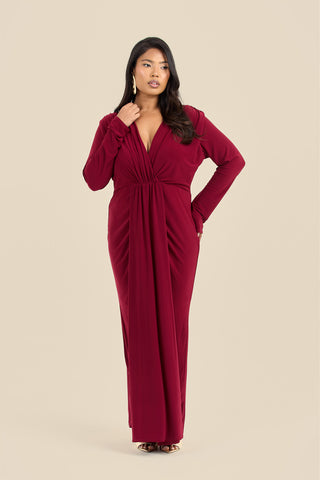 Curve Noelle Draped Front Burgundy Double Layer Maxi Dress