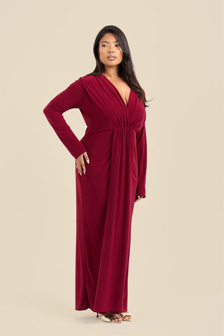 Curve Noelle Draped Front Burgundy Double Layer Maxi Dress