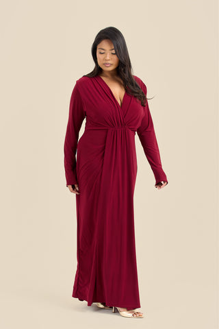 Curve Noelle Draped Front Burgundy Double Layer Maxi Dress