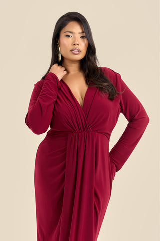Curve Noelle Draped Front Burgundy Double Layer Maxi Dress