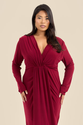 Curve Noelle Draped Front Burgundy Double Layer Maxi Dress