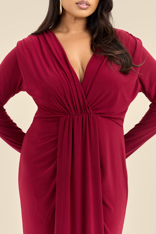 Curve Noelle Draped Front Burgundy Double Layer Maxi Dress