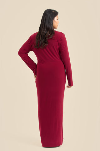 Curve Noelle Draped Front Burgundy Double Layer Maxi Dress