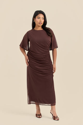 Plus Size Ruched Angel Sleeve Midi Dress