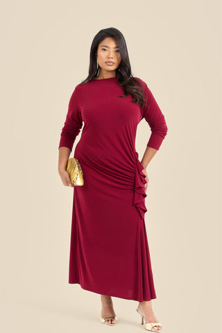 Plus Size Ruffle Side Burgundy Midi Dress