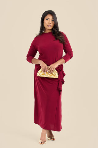 Plus Size Ruffle Side Burgundy Midi Dress