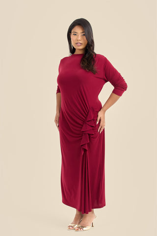 Plus Size Ruffle Side Burgundy Midi Dress
