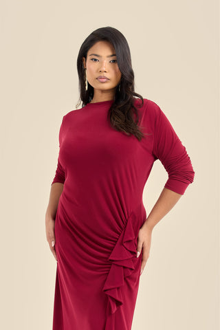 Plus Size Ruffle Side Burgundy Midi Dress