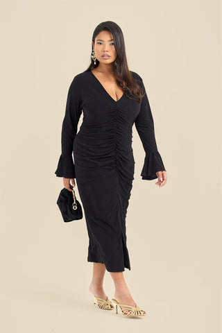 Plus Size Ruched Front Flare Sleeve Midi Dress