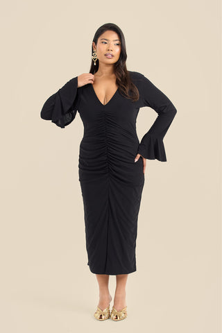 Plus Size Ruched Front Flare Sleeve Midi Dress