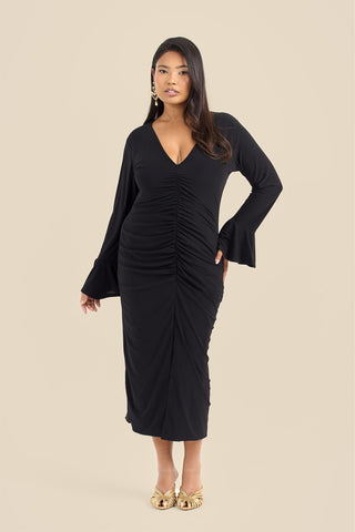 Plus Size Ruched Front Flare Sleeve Midi Dress