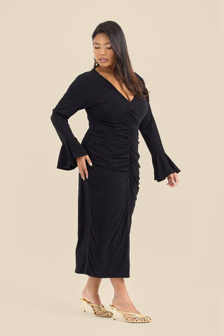 Plus Size Ruched Front Flare Sleeve Midi Dress