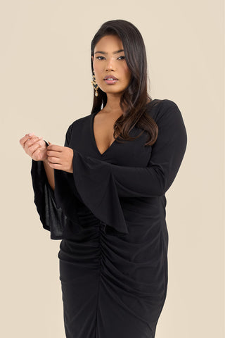 Plus Size Ruched Front Flare Sleeve Midi Dress