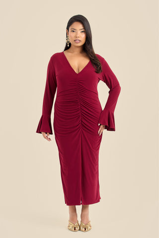 Plus Size Ruched Front Flare Sleeve Midi Dress