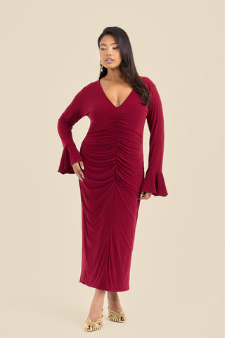Plus Size Ruched Front Flare Sleeve Midi Dress