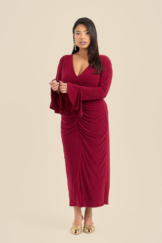Plus Size Ruched Front Flare Sleeve Midi Dress