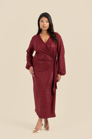Plus Size Metallic Burgundy Wrap Front Midi Dress